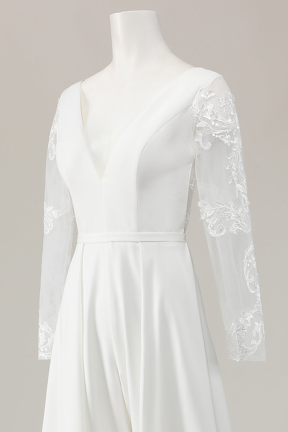 Ivory Deep V-Neck Sweep Train Satin Wedding Jumpsuits with Lace