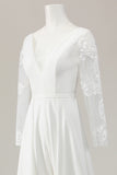 Ivory Deep V-Neck Sweep Train Satin Wedding Jumpsuits with Lace
