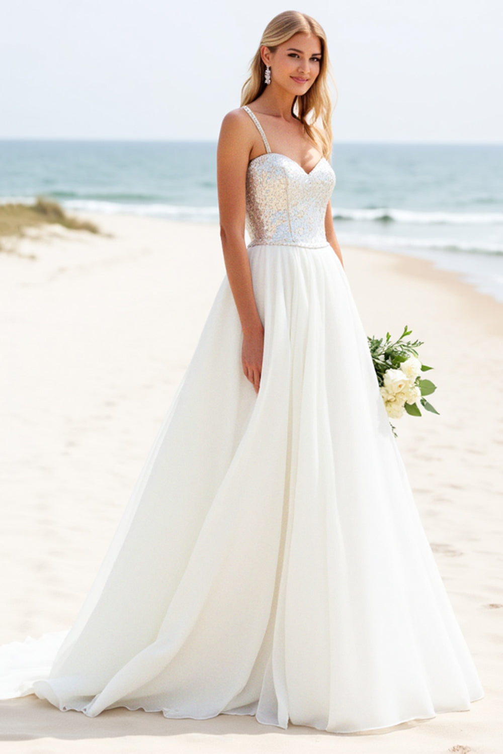 Ivory A Line Sweep Train Spaghetti Straps Boho Wedding Dress