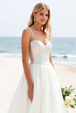 Ivory A Line Sweep Train Spaghetti Straps Boho Wedding Dress