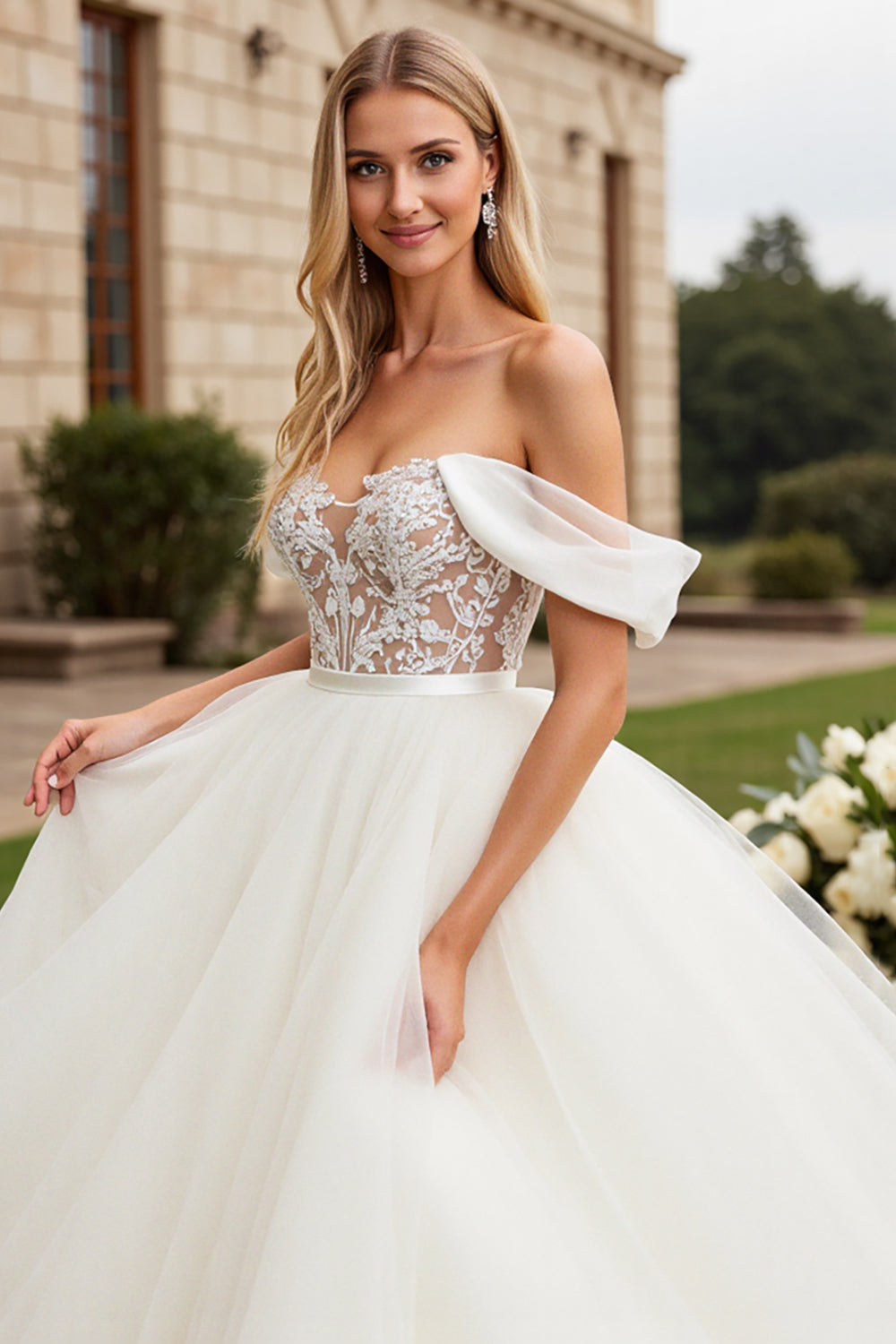 Ivory Off the Shoulder Ball Gown Long Wedding Dress with Lace