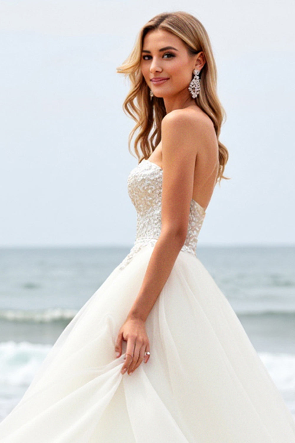Ivory Ball Gown Strapless Sweep Train Long Wedding Dress