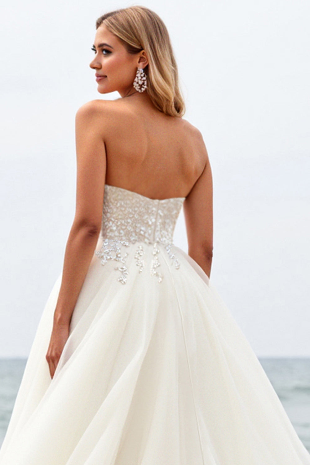 Ivory Ball Gown Strapless Sweep Train Long Wedding Dress