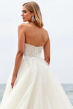 Ivory Ball Gown Strapless Sweep Train Long Wedding Dress
