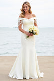 Ivory Sweep Train Mermaid Long Satin Wedding Dress with Lace