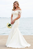 Ivory Sweep Train Mermaid Long Satin Wedding Dress with Lace