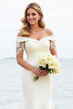 Ivory Sweep Train Mermaid Long Satin Wedding Dress with Lace