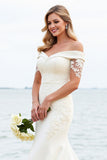 Ivory Sweep Train Mermaid Long Satin Wedding Dress with Lace