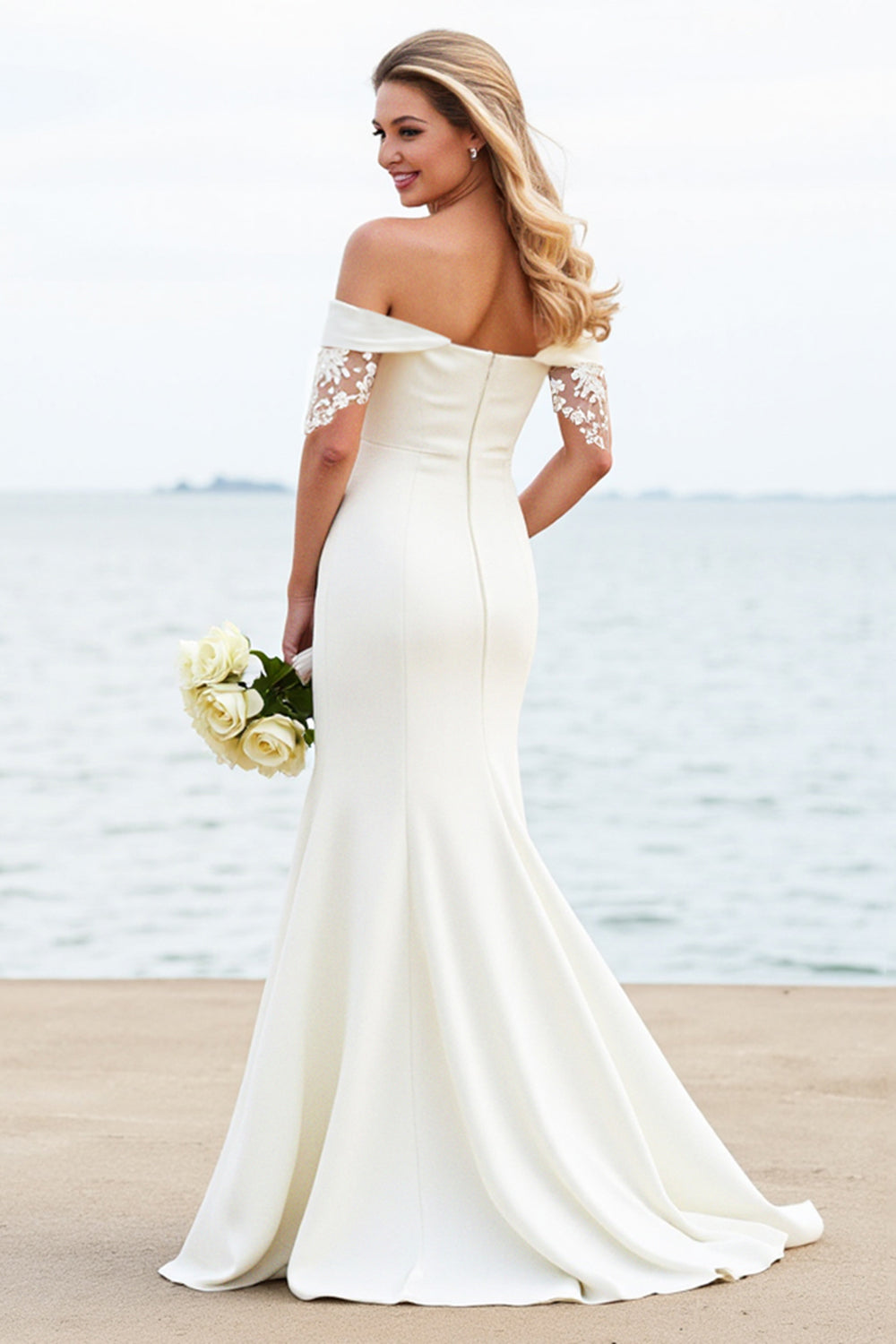 Ivory Sweep Train Mermaid Long Satin Wedding Dress with Lace