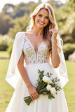 Ivory A Line Chiffon V-Neck Boho Long Wedding Dress with Cape