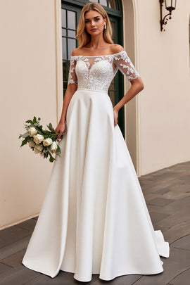 Ivory Satin A Line Long Off the Shoulder Wedding Dress with Lace