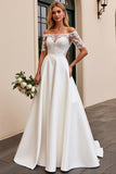Ivory Satin A Line Long Off the Shoulder Wedding Dress with Lace