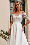 Ivory Satin A Line Long Off the Shoulder Wedding Dress with Lace