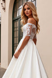 Ivory Satin A Line Long Off the Shoulder Wedding Dress with Lace