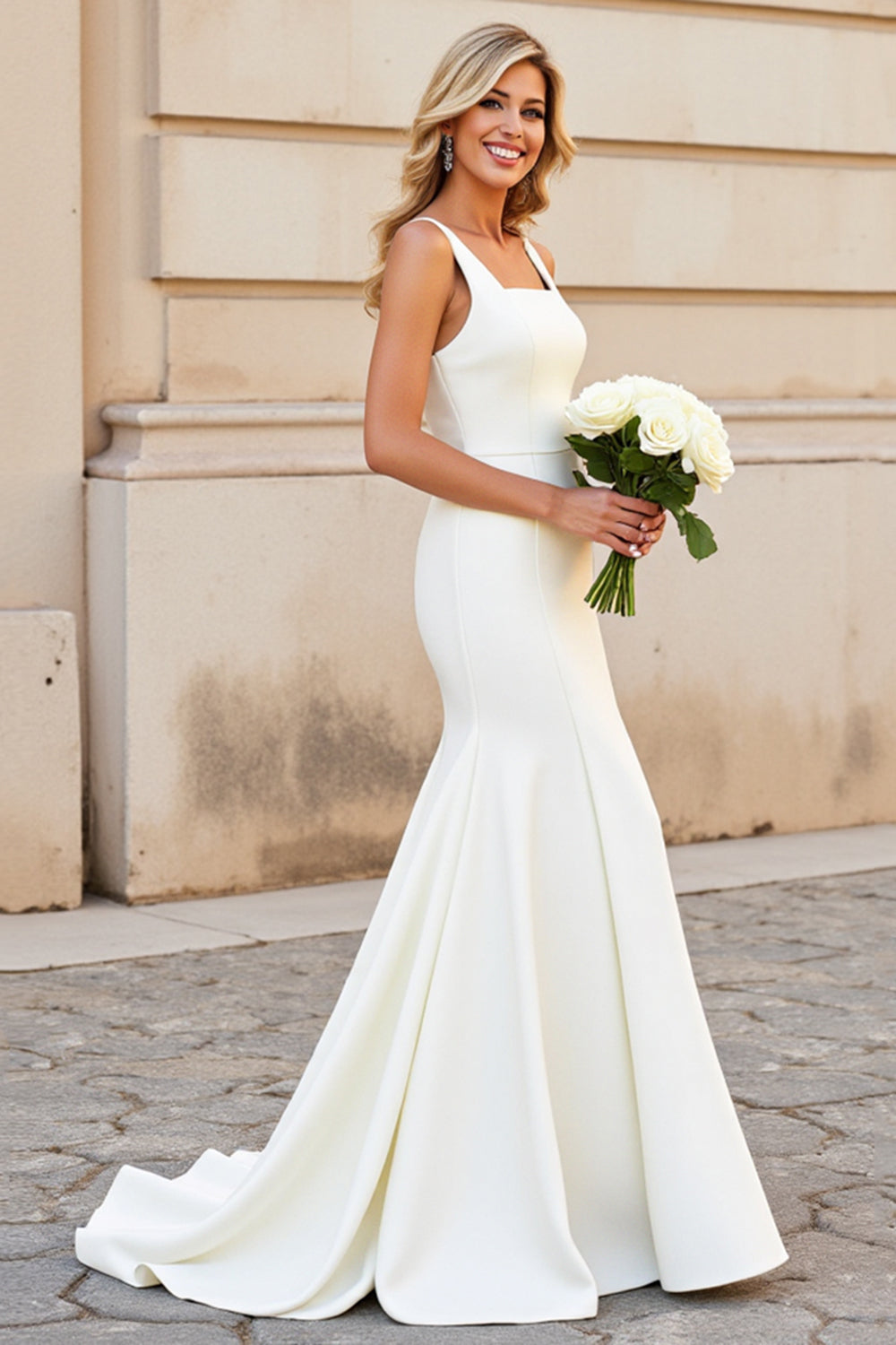 Simple Ivory Mermaid Satin Square Neck Sweep Train Wedding Dress