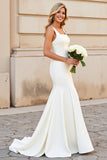 Simple Ivory Mermaid Satin Square Neck Sweep Train Wedding Dress