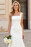 Simple Ivory Mermaid Satin Square Neck Sweep Train Wedding Dress