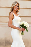 Simple Ivory Mermaid Satin Square Neck Sweep Train Wedding Dress