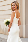 Simple Ivory Mermaid Satin Square Neck Sweep Train Wedding Dress