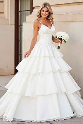 Ivory Satin A Line Sweep Train Tiered Wedding Dress with Ruffles