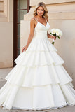 Ivory Satin A Line Sweep Train Tiered Wedding Dress with Ruffles