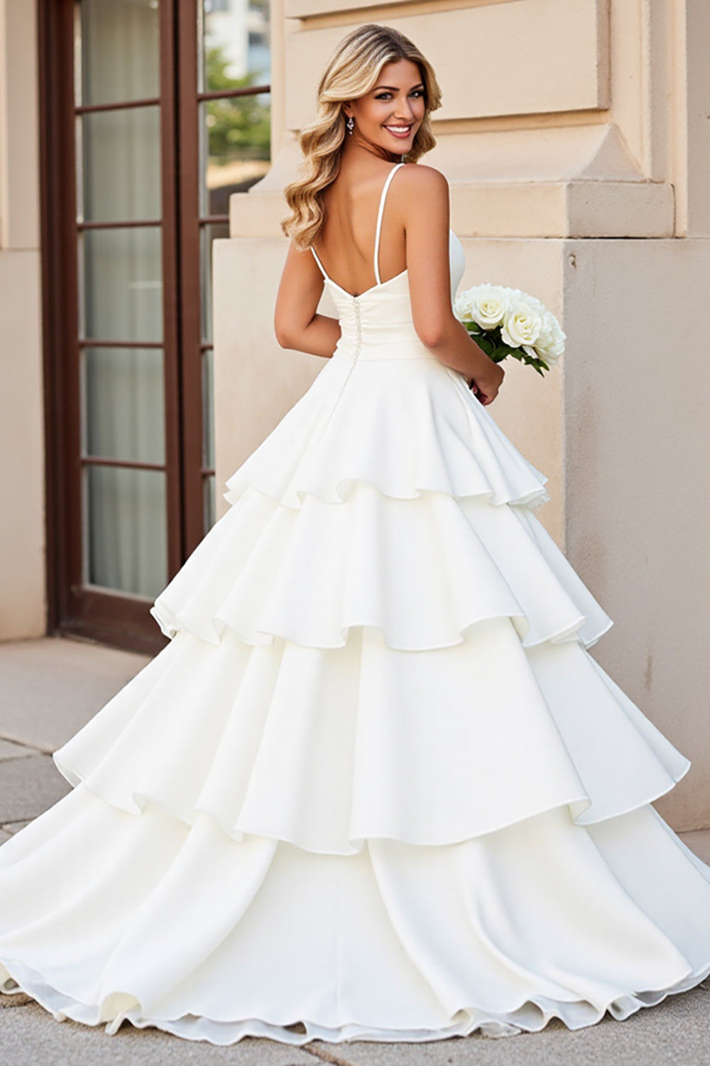 Ivory Satin A Line Sweep Train Tiered Wedding Dress with Ruffles