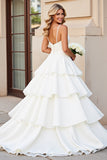 Ivory Satin A Line Sweep Train Tiered Wedding Dress with Ruffles