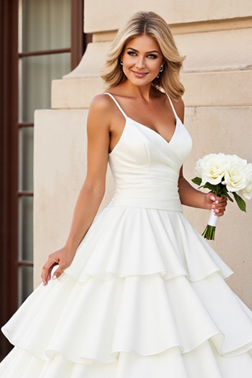 Ivory Satin A Line Sweep Train Tiered Wedding Dress with Ruffles