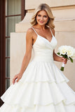Ivory Satin A Line Sweep Train Tiered Wedding Dress with Ruffles