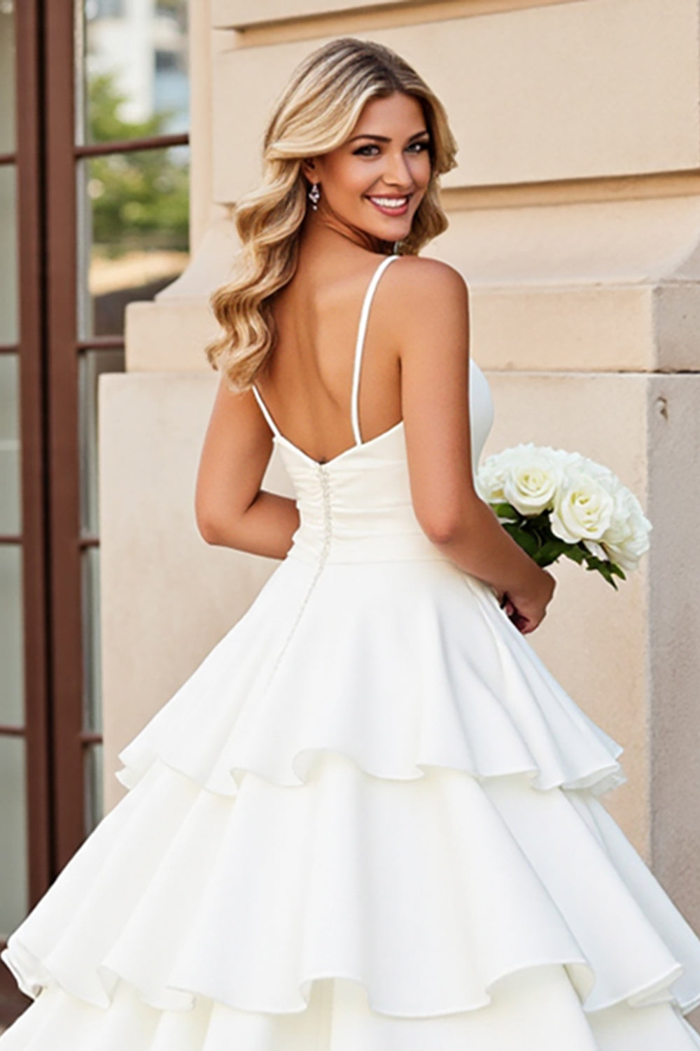 Ivory Satin A Line Sweep Train Tiered Wedding Dress with Ruffles