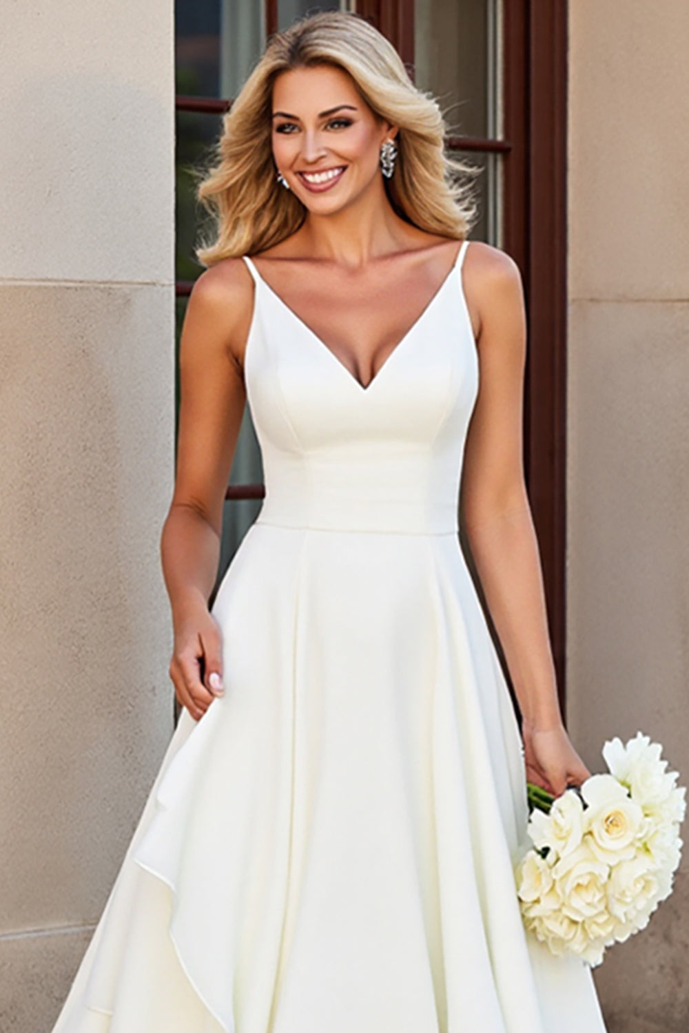 Ivory Chiffon Spaghetti Straps Long V-Neck Wedding Dress with Ruffles