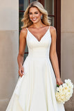 Ivory Chiffon Spaghetti Straps Long V-Neck Wedding Dress with Ruffles