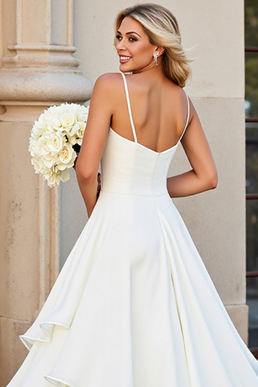 Ivory Chiffon Spaghetti Straps Long V-Neck Wedding Dress with Ruffles
