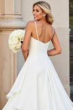 Ivory Chiffon Spaghetti Straps Long V-Neck Wedding Dress with Ruffles