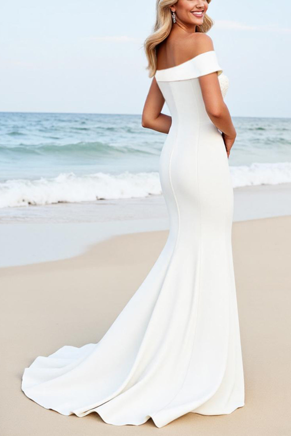 White One Shoulder Satin Sweep Train Wedding Dress with Appliques