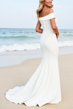 White One Shoulder Satin Sweep Train Wedding Dress with Appliques