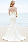 Ivory Illusion Neck Sweep Train Wedding Dress with Lace Sleeves