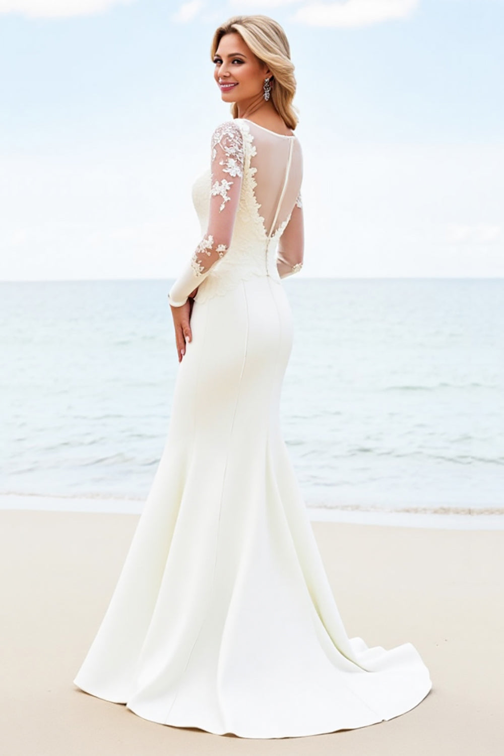 Ivory Illusion Neck Sweep Train Wedding Dress with Lace Sleeves