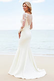 Ivory Illusion Neck Sweep Train Wedding Dress with Lace Sleeves