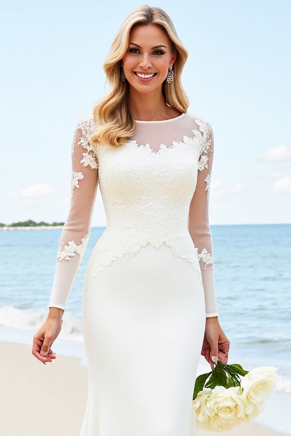 Ivory Illusion Neck Sweep Train Wedding Dress with Lace Sleeves