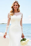Ivory Illusion Neck Sweep Train Wedding Dress with Lace Sleeves