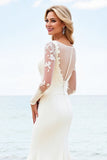 Ivory Illusion Neck Sweep Train Wedding Dress with Lace Sleeves