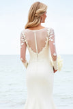 Ivory Illusion Neck Sweep Train Wedding Dress with Lace Sleeves