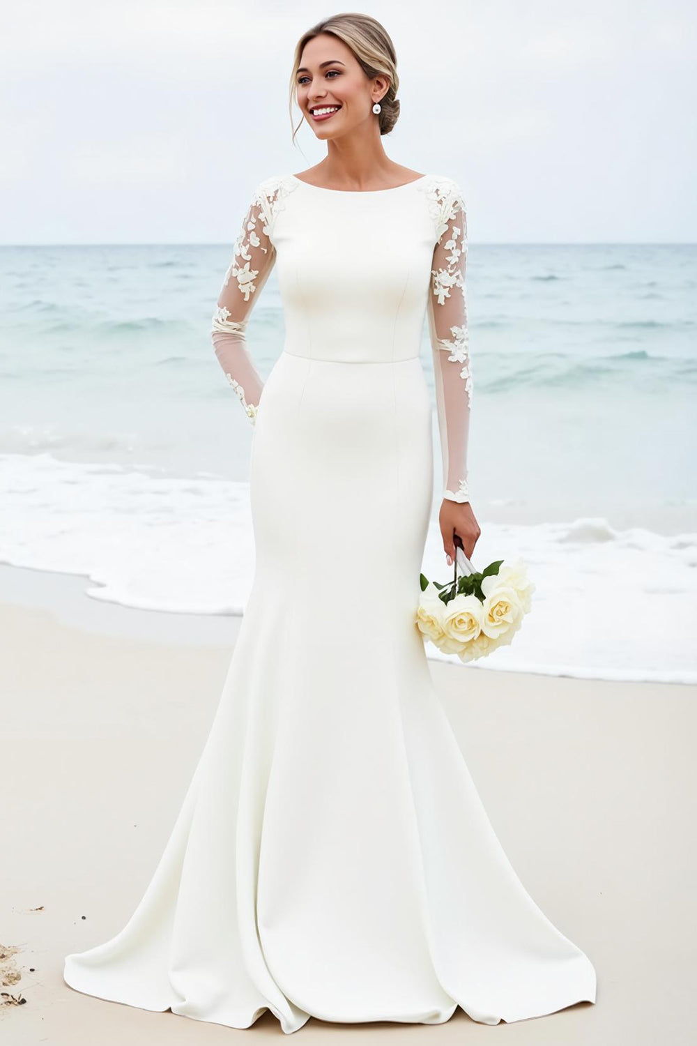 Ivory Satin Boat Neck Sweep Train Long Wedding Dress with Lace