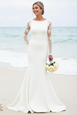 Ivory Satin Boat Neck Sweep Train Long Wedding Dress with Lace
