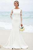 Ivory Satin Boat Neck Sweep Train Long Wedding Dress with Lace
