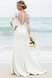 Ivory Satin Boat Neck Sweep Train Long Wedding Dress with Lace