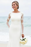 Ivory Satin Boat Neck Sweep Train Long Wedding Dress with Lace
