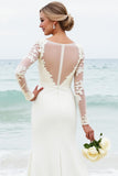 Ivory Satin Boat Neck Sweep Train Long Wedding Dress with Lace