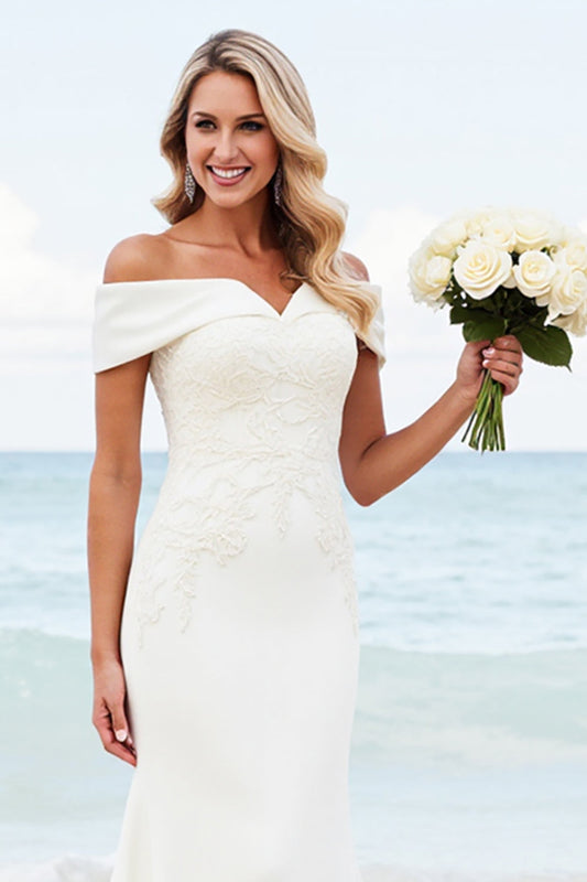 Ivory Off the Shoulder Satin Sweep Train Mermaid Wedding Dress